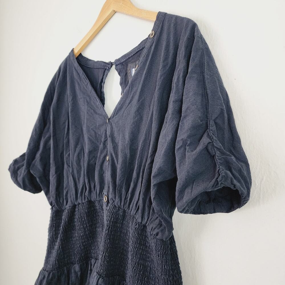 Maeve Anthropologie Black Puff Sleeve Smocked Open Back Cotton Mini Dress L - Picture 7 of 13